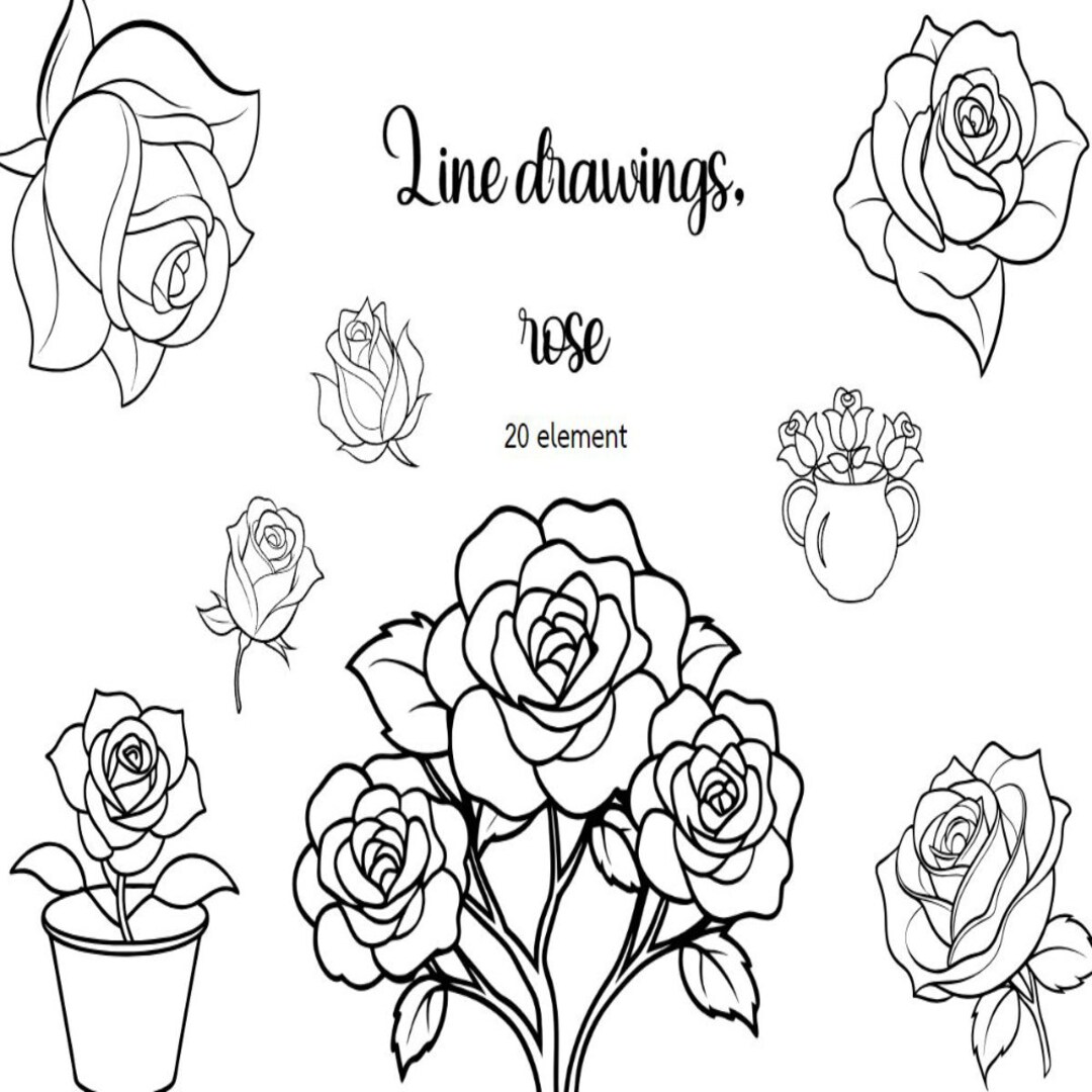 Line Drawing Rose Bitmap Image Rose Line Art Drawings: Floral Stamp (PNG, SVG, EPS) - Etsy