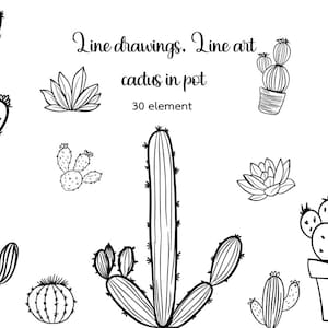 May include: Black and white line drawings of various cacti and succulents. The image includes different cactus shapes, some in pots, and the text "Line drawings. Line art cactus in pot 30 element."
