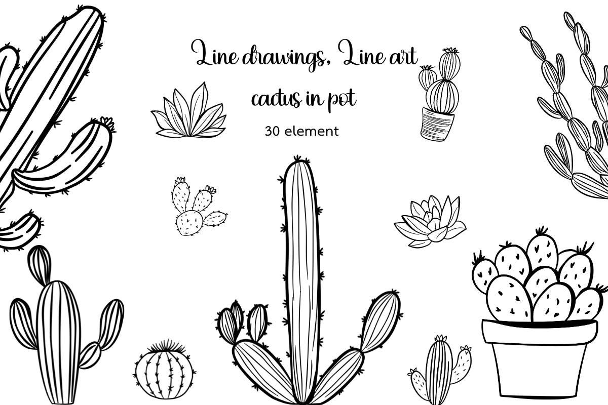 Cactus Line Art: Doodle Drawing, SVG, PNG, EPS (Commercial Use)