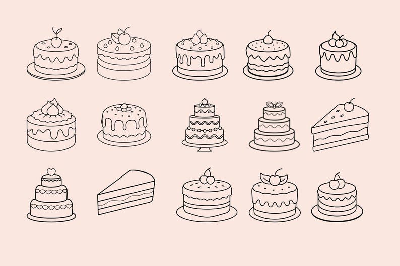 Various Types of Cakes , Line Drawing, PNG, SVG, EPS, Printable Art ...
