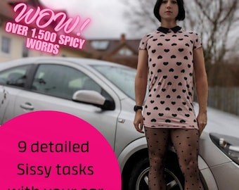 Pode incluir: Uma pessoa vestindo um vestido rosa com padrões de corações pretos e uma gola preta, em pé ao lado de um carro prateado. A imagem inclui o texto "WOW! OVER 1.500 SPICY WORDS" e "9 detailed Sissy tasks with your car."
