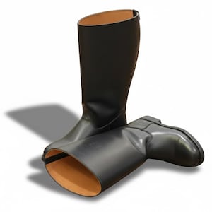 May include: A pair of tall black leather riding boots with a smooth finish and a tan interior lining. One boot stands upright while the other lies horizontally in front, showcasing the round toe, low heel, and the tan leather inner lining.