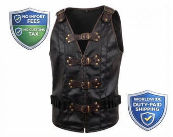 Men's Black Steampunk Leather Vest | LARP Cosplay Vest | Gothic Buckle Waistcoat with Cartridge Loops