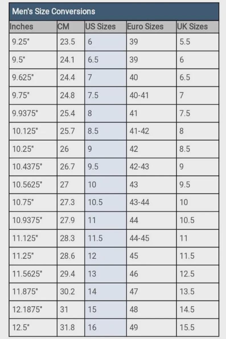 K&ouml;nnte beinhalten: Eine Schuhgr&ouml;&szlig;entabelle f&uuml;r Herren, die Zoll, cm, US-, Euro- und UK-Gr&ouml;&szlig;en anzeigt. Enth&auml;lt Ma&szlig;e von 23,5 cm bis 31,8 cm, mit entsprechenden Euro-Gr&ouml;&szlig;en von 39 bis 49.