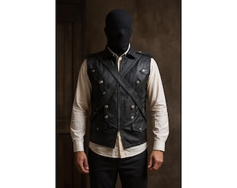 Men’s Black Tactical Leather Vest | Gothic Steampunk Corset Waistcoat with Cross Straps & Buttons | Medieval Combat Punk Cosplay Outfit