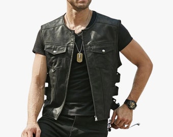Genuine Leather Collarless Vest for Men, Black Formal Leather Vest for Men, Handmade Round Neck Leather Classic Vest