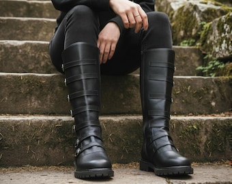 Kampfstiefel in der Mitte der Wade | Gothic Punk Schnalle Design | Mittelalterlicher Cosplay Stiefel