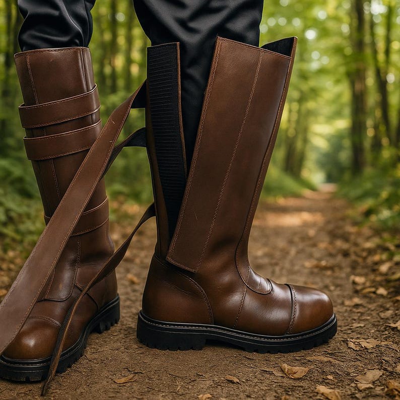 Op de afbeelding: Bruine leren rijlaarzen met een ronde neus en een dikke zwarte zool. De laarzen hebben riemen en gespen en worden buiten op een zandpad getoond. De laarzen zijn hoog en reiken tot halverwege de kuit.