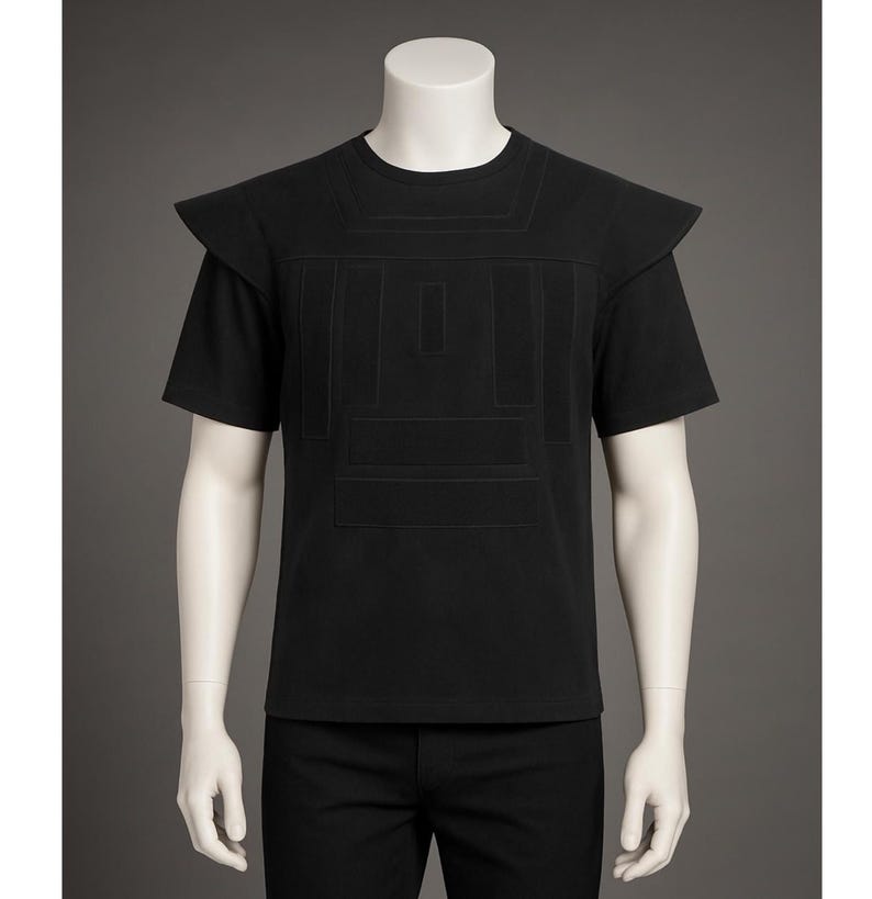 以下が含まれることがあります： 胸と肩に幾何学模様が施された黒いTシャツ。半袖のトップスはクルーネックです。デザインはより濃い黒色で、微妙なコントラストを生み出しています。Tシャツはマネキンに展示されています。