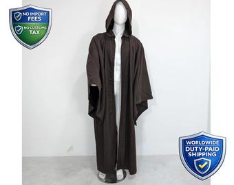 Disfraz de túnica con capucha Jedi para hombre / Capa negra y marrón / Atuendo de cosplay de guerrero estelar