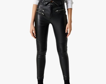 Handmade Genuine Leather Stylish Women Pant, Ladies Zipper Steampunk Leather Pants,  Black Leather Party Wear Slim Fit Classic Pant