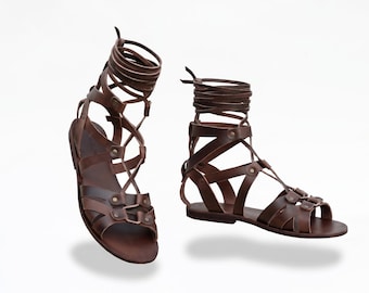 Herren Braune Leder Gladiator Sandalen - Historisches Reenactment & LARP Kostüm-Schuhe