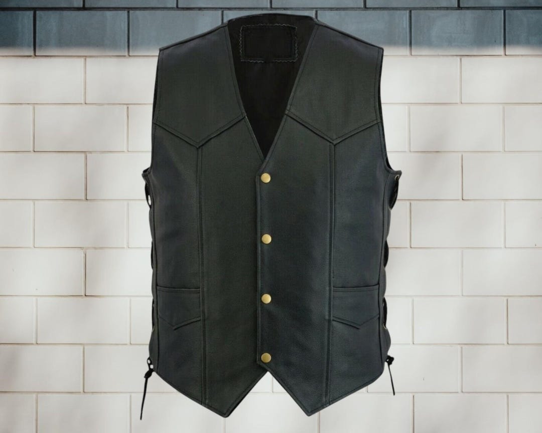 Black Biker Shirt Style Collar Leather vest