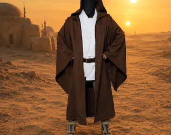 Jedi Knight Costume – Brown Hooded Robe, White Tunic & belt | Obi Wan Cosplay costume