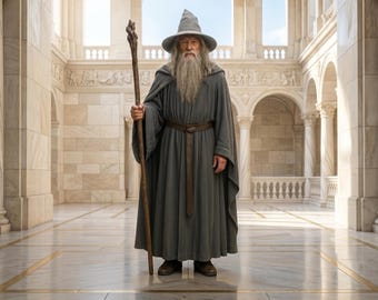LOTRO Gandalf Zauberer Robe & Zubehör Set | Grauer Umhang, Hut, Stab für Cosplay