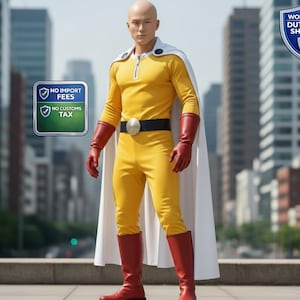 Peut inclure: Combinaison jaune avec ceinture noire, gants et bottes rouges. Une cape blanche est drapée sur les épaules. L'image comprend le texte « NO IMPORT FEES » et « NO CUSTOMS TAX ».