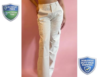 ハイウエスト ホワイトレザー カーゴパンツ | レディース 本革 ユーティリティ トラウザーズ