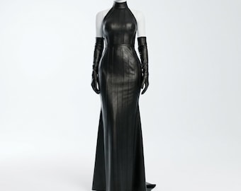 Schwarzes Leder Meerjungfrau Kleid | Custom Fit Neckholder Abendkleid | Handarbeit
