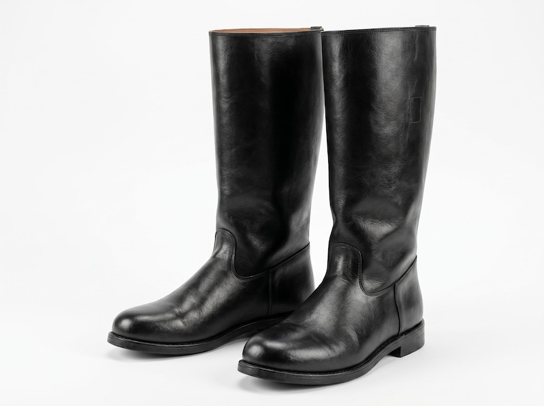 May include: A pair of tall black leather boots featuring a smooth finish, a rounded toe, and a low heel. The boots have a structured shaft that reaches mid-calf, a clean silhouette, and a visible brown interior lining at the top edge of the shaft.