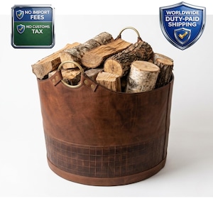 Genuine Leather Firewood Basket | Fireplace Kindling Storage Log Box With Handles