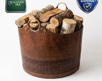 Genuine Leather Firewood Basket | Fireplace Kindling Storage Log Box With Handles