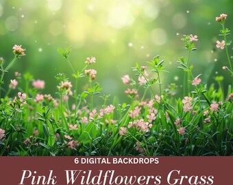 6 Green Grass Wildflowers Digital Backdrop, Pink Flower Field, Photography, Flowers, Composite, Summer, Spring