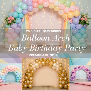 20 Balloon Arch Digital Backdrops, Birthday Party, for Children, Event Digital Background Gold Pastel, Photoshop Overlays.