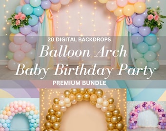 Balloon Arch Digital Backdrops: Gold Pastel Party Overlays (20 JPEG)