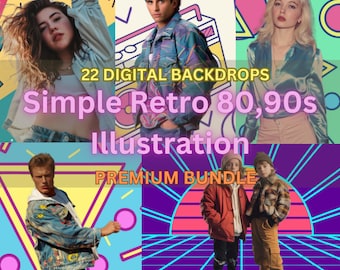 80s 90s Retro Illustration Art: Digital Photography Backdrops (22 Bundle)