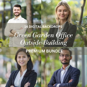 May include: Four people are standing in front of a green garden backdrop. They are all wearing business casual attire and have their arms crossed. The text "14 DIGITAL BACKDROPS Green Garden Office Outside Building PREMIUM BUNDLE" is displayed on the image.