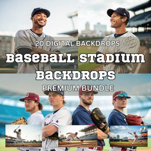 May include: 20 digital baseball stadium backdrops in a premium bundle. The backdrops feature various baseball stadiums with green grass, blue skies, and crowds of people. The backdrops are perfect for creating realistic baseball-themed photos and videos.