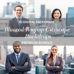May include: A digital product bundle of 20 blurred cityscape backgrounds. The backgrounds feature a city skyline with tall buildings and a blurred effect. The text "20 Digital Backdrops" and "Blurred Rooftop Cityscape Backdrops" is displayed in white text on a gray background. The text "Premium Bundle" is displayed in white text on a gray background.