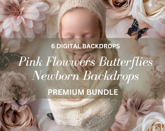 Newborn Photography Digital Backdrops: Pink Flowers and Butterflies (JPEG)