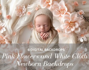 Newborn Photography Digital Backdrops: Pink Flowers, White Cloth (Buy 1 Get 5 Free)