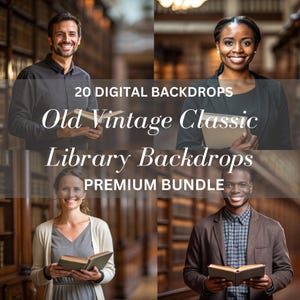 May include: A set of 20 digital backdrops featuring old vintage classic library backdrops. The backdrops are perfect for adding a touch of elegance and sophistication to your photos.  The backdrops are high-resolution and can be used for a variety of purposes, such as portraits, product photography, and more.