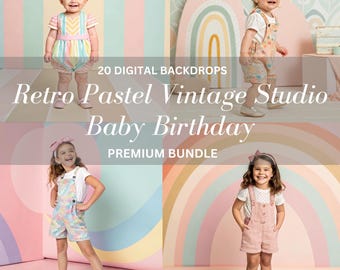 20 Retro Pastel Vintage Studio Baby Colors Kids Birthday Digital backdrop Portrait Overlays Photoshop.