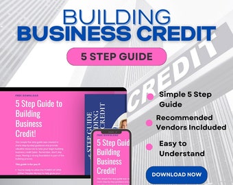 May include: A pink and white digital download guide with the title "5 Step Guide to Building Business Credit!" and a pink button that says "Download Now". The guide includes a simple 5 step guide to building business credit with recommended vendors included.