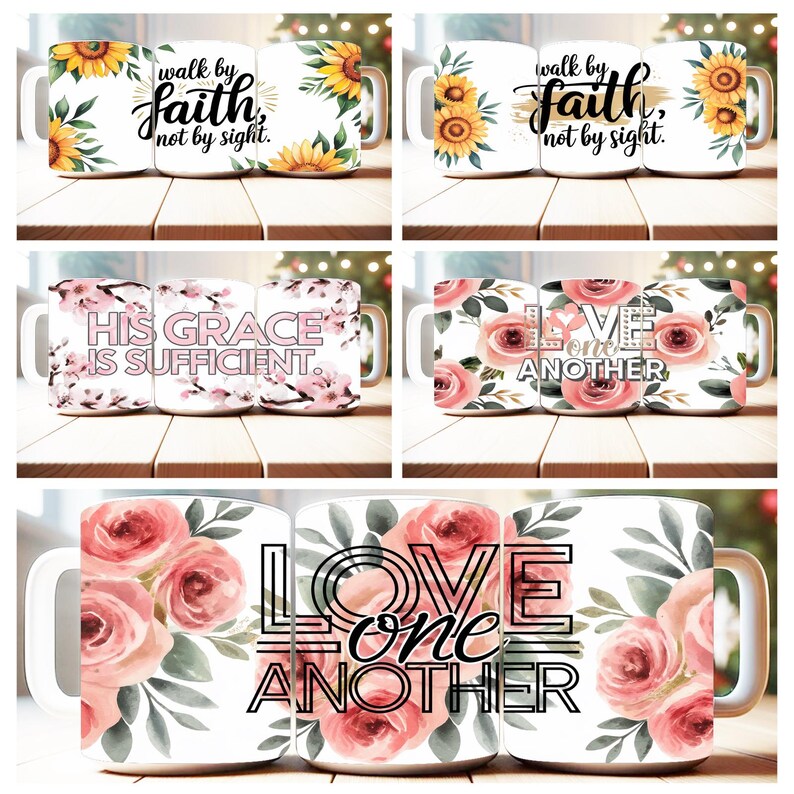 May include: Set of three white ceramic mugs with floral designs and inspirational quotes. The first mug features sunflowers and the quote "walk by faith, not by sight." The second mug features pink flowers and the quote "His grace is sufficient." The third mug features pink flowers and the quote "Love one another."