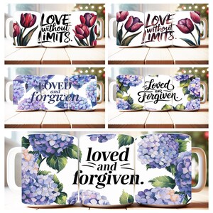 May include: Set of three white ceramic mugs with different floral designs and inspirational quotes. The first mug features red tulips and the text "LOVE without LIMITS." The second mug features blue hydrangeas and the text "LOVED and forgiven." The third mug features blue hydrangeas and the text "loved and forgiven."
