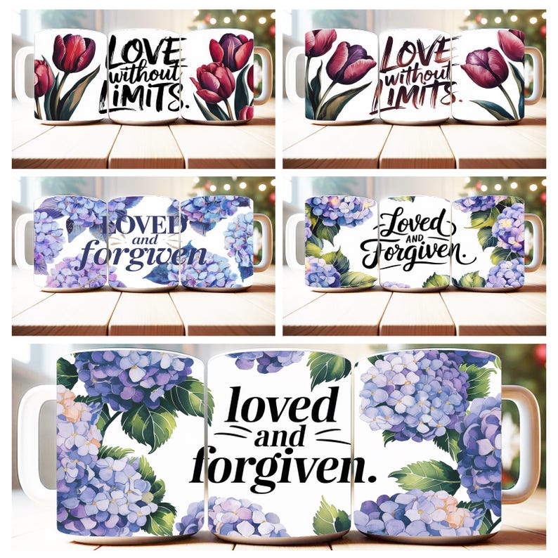 May include: Set of three white ceramic mugs with different floral designs and inspirational quotes. The first mug features red tulips and the text "LOVE without LIMITS." The second mug features blue hydrangeas and the text "LOVED and forgiven." The third mug features blue hydrangeas and the text "loved and forgiven."