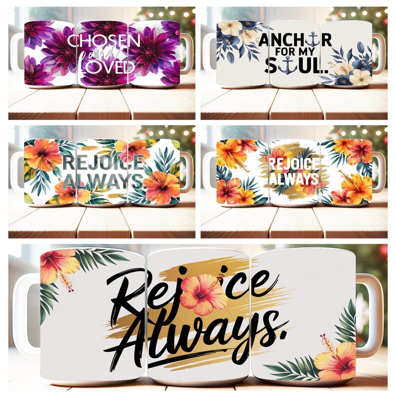 May include: Set of three white ceramic mugs with floral designs and inspirational quotes. The first mug features purple flowers and the text "Chosen and Loved". The second mug features blue flowers and the text "Anchor for my Soul". The third mug features orange flowers and the text "Rejoice Always".
