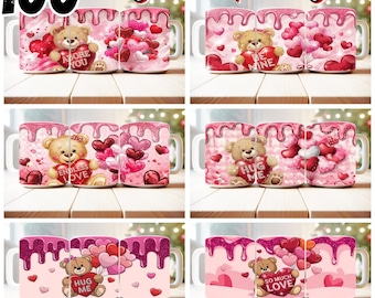 100 Valentine Teddy Bear Mug Wrap Bundle Sublimation Designs PNG, 11oz and 15oz Mug Template, Valentine's Day, Cartoon, Watercolor, Dripping