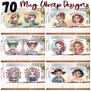 70 Sarcastic Coffee German Saying Mug Design Bundle, Before Coffee & Fully Coffained, 11oz/15oz PNG Sublimation Designs, 2 Side Mug PNG