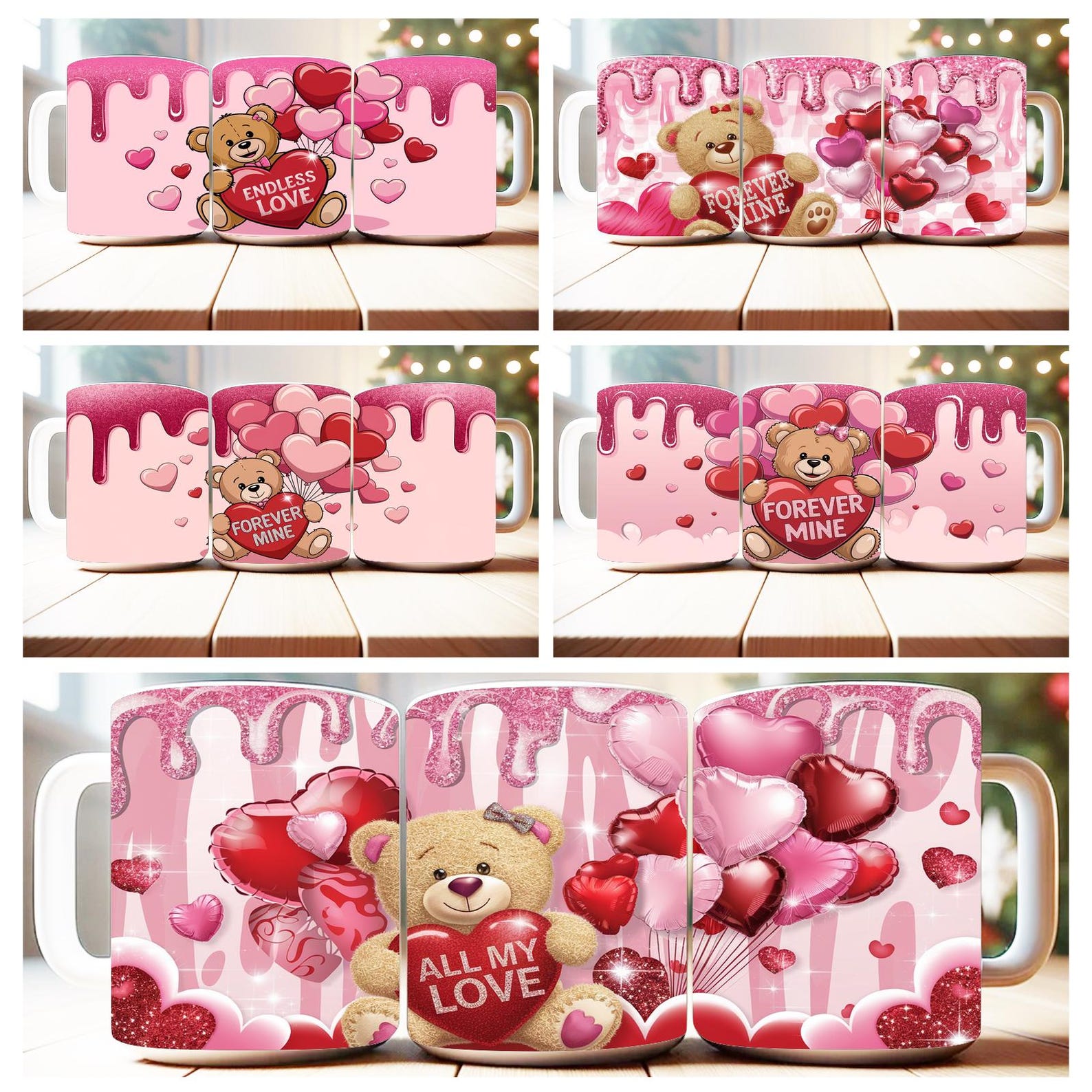 100 Valentine Teddy Bear Mug Wrap Bundle Sublimation Designs PNG, 11oz ...