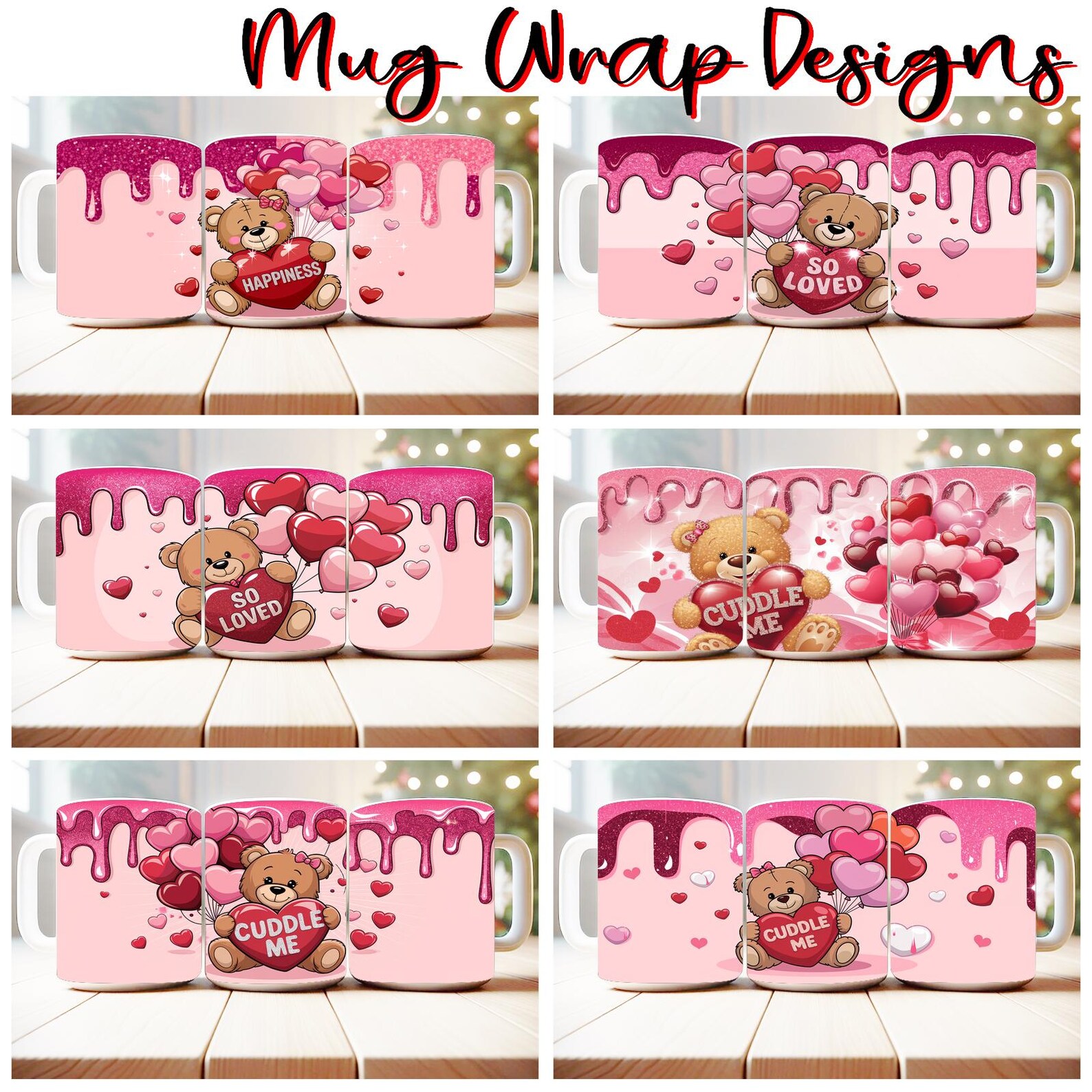 100 Valentine Teddy Bear Mug Wrap Bundle Sublimation Designs PNG, 11oz ...