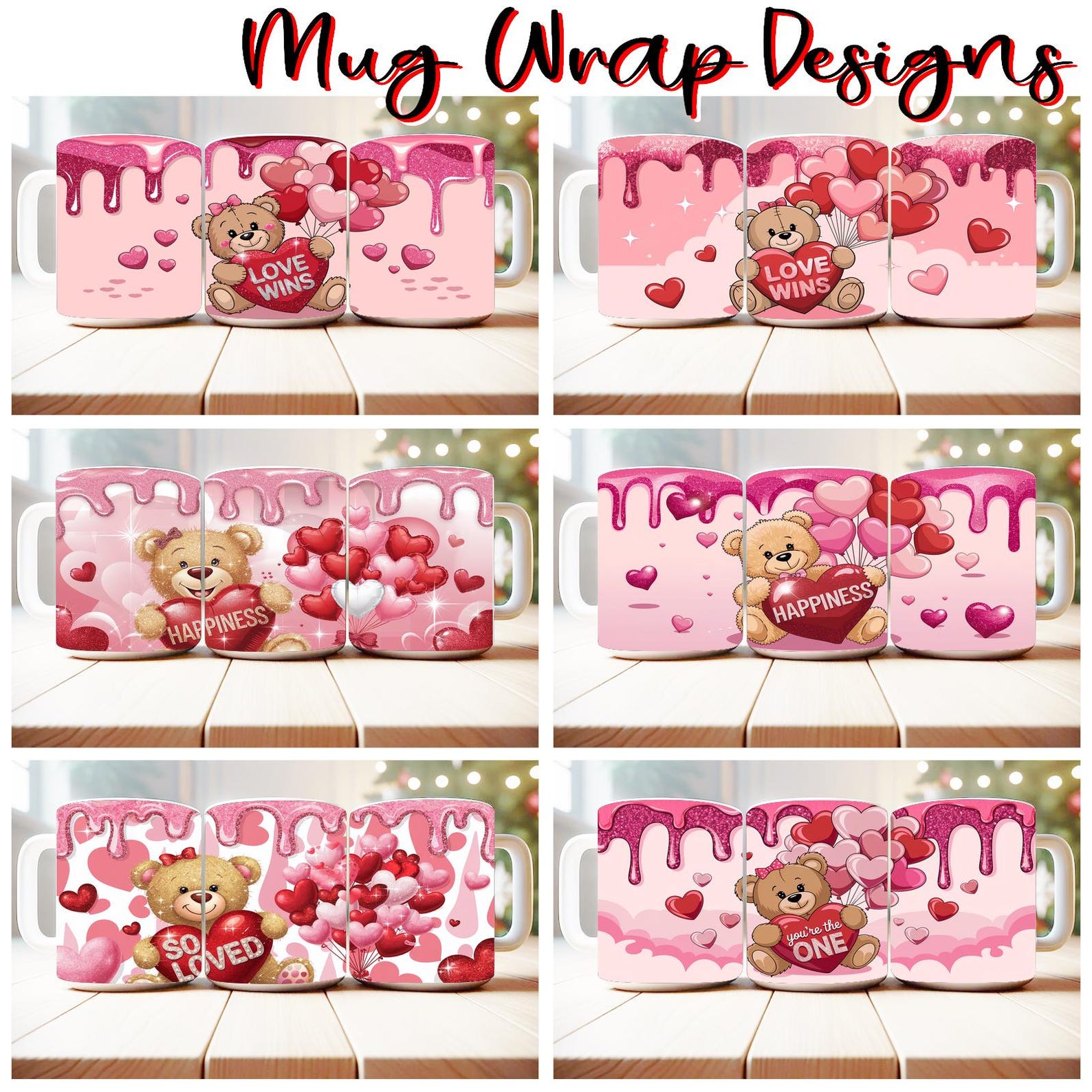 100 Valentine Teddy Bear Mug Wrap Bundle Sublimation Designs PNG, 11oz ...