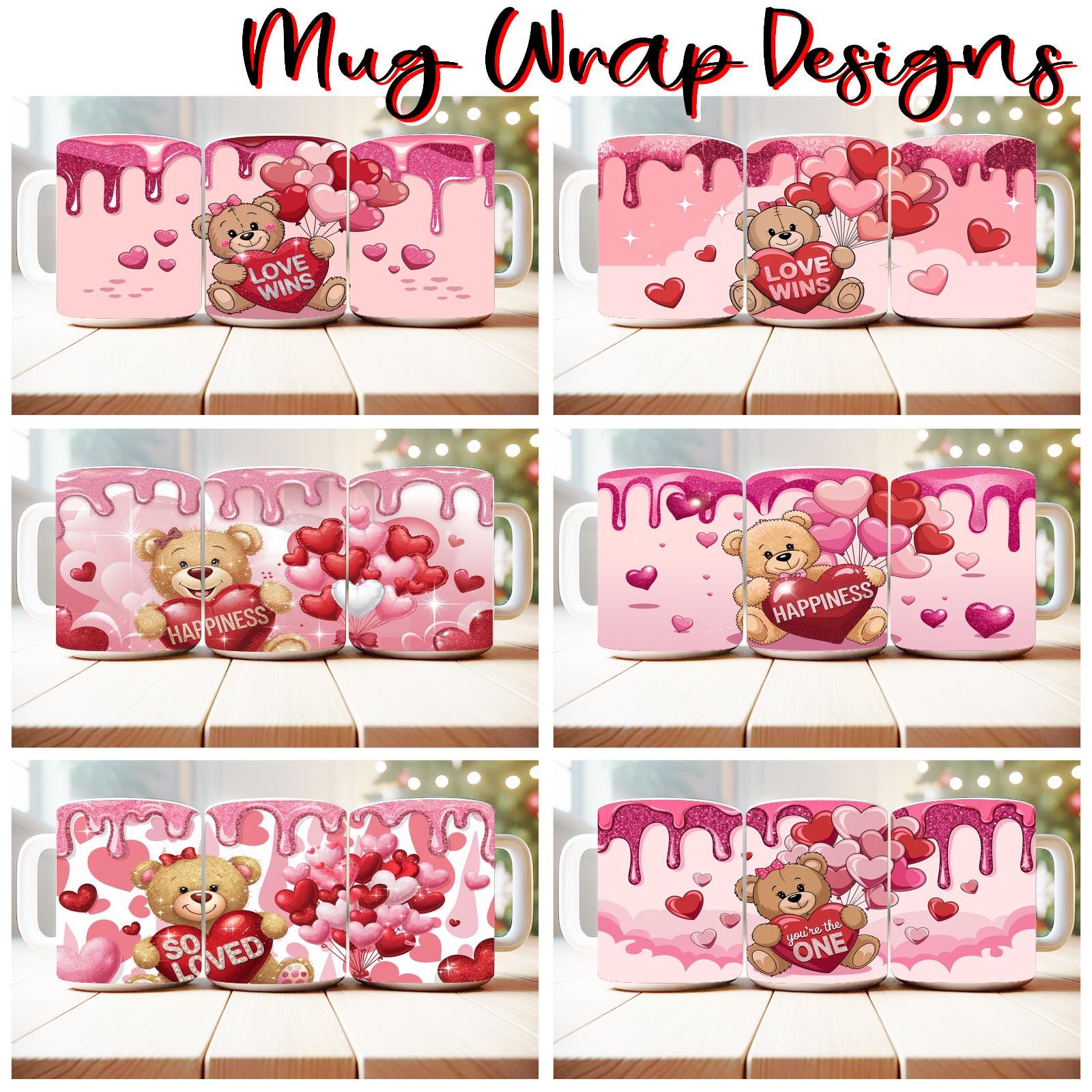 100 Valentine Teddy Bear Mug Wrap Bundle Sublimation Designs PNG, 11oz ...