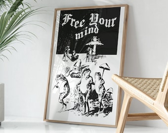 Free Your Mind Wall Art, Retro 70s House Party Print, Psychedelic Print, Aesthetic Print, Vintage Trippy Frog Print, Magic Mushrooms Poster