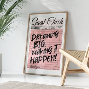 Dreaming Big Guest Check Print, Vintage 70s Retro Wall Art, Guest Check Poster, Trendy Bar Carts Print, Preppy Aesthetic Decor, Girly Prints
