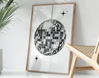 Retrotryck discokula väggkonst, trendig utskrivbar konst, vintagetryck discodekor, retroposter, väggkonsttryck, funky estetiskt preppy tryck